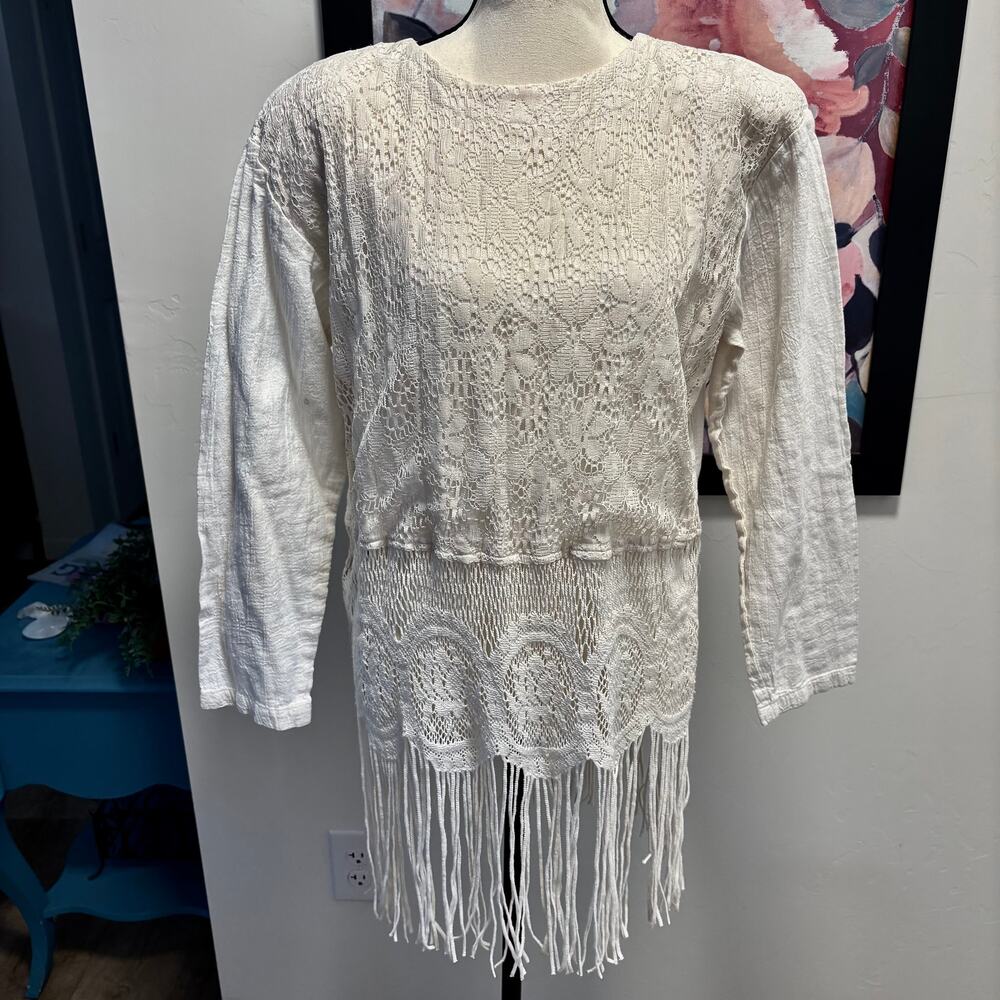 Vintage 70's Choon of California Boho Lace Fringe Tunic Top Long Sleeve Cottage